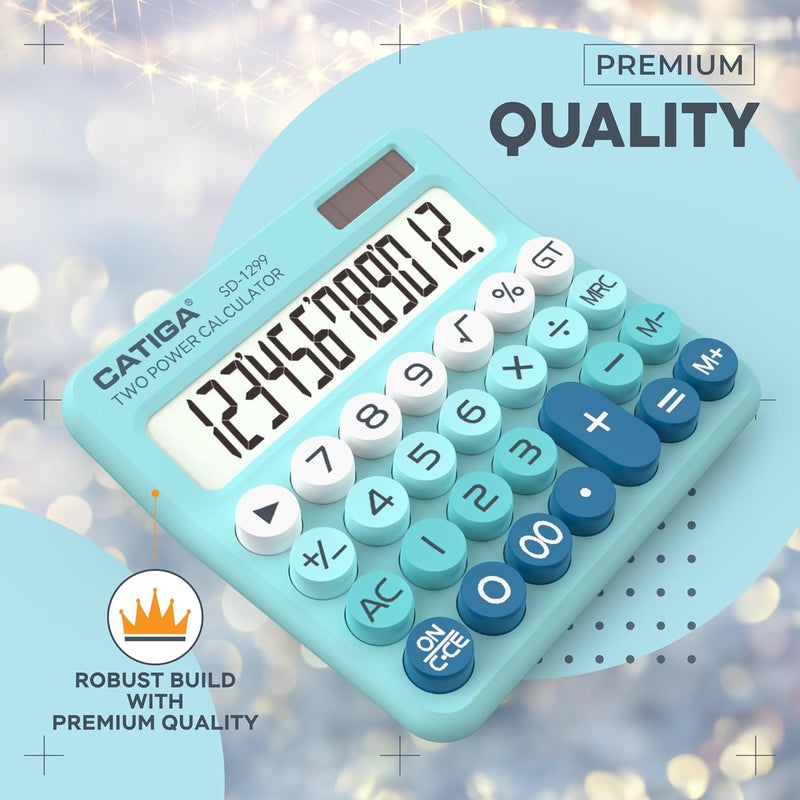 CATIGA Mechanical Switch Calculator with Solar and Battery Dual Power, 12-Digit Large LCD Display, Aesthetic and Cute Desktop Calculator with Big Button, for Home, School and Office Use, SD-1299 - Image 2